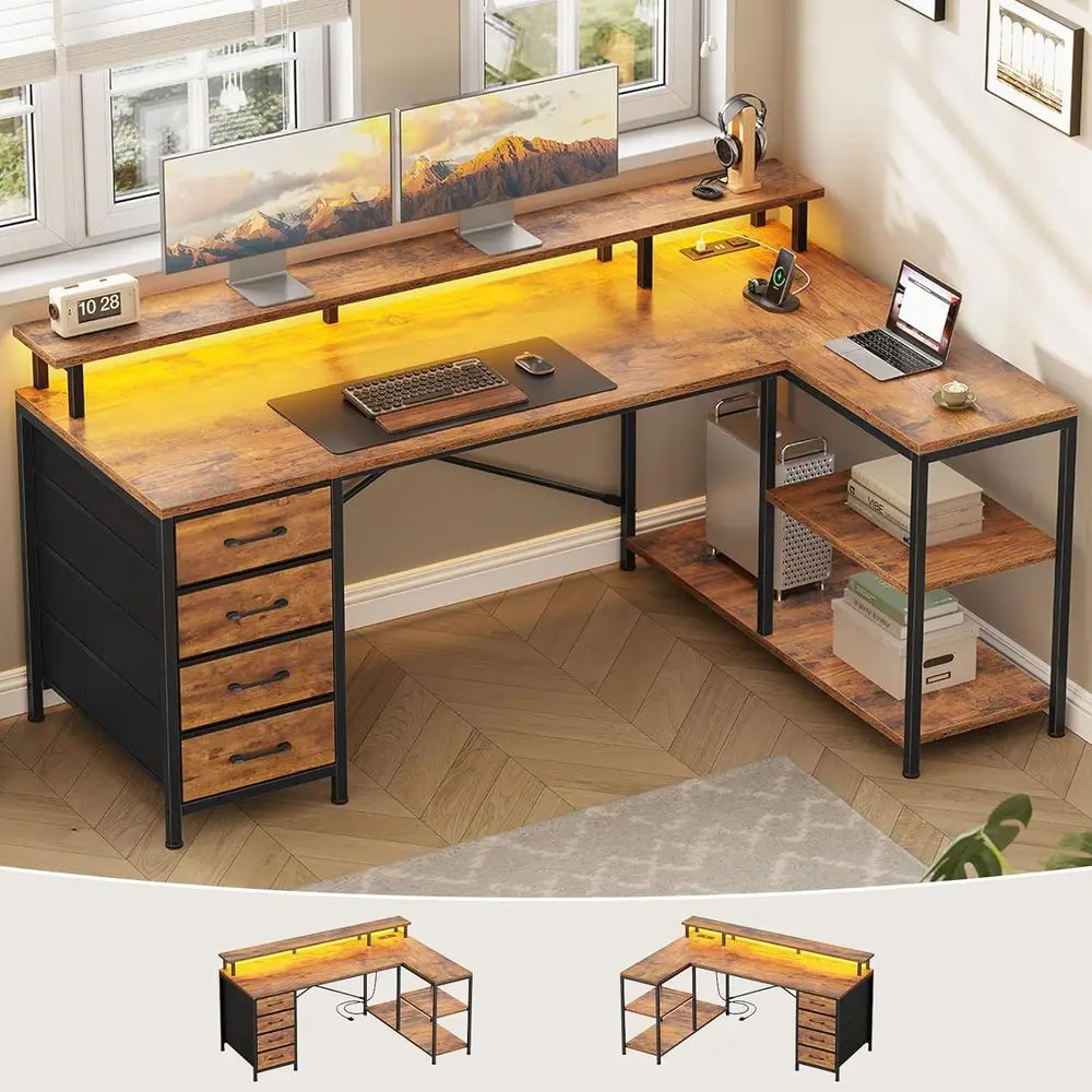 Home Office L Shaped Desk - L-Shaped Desk with 4 Drawers, Storage