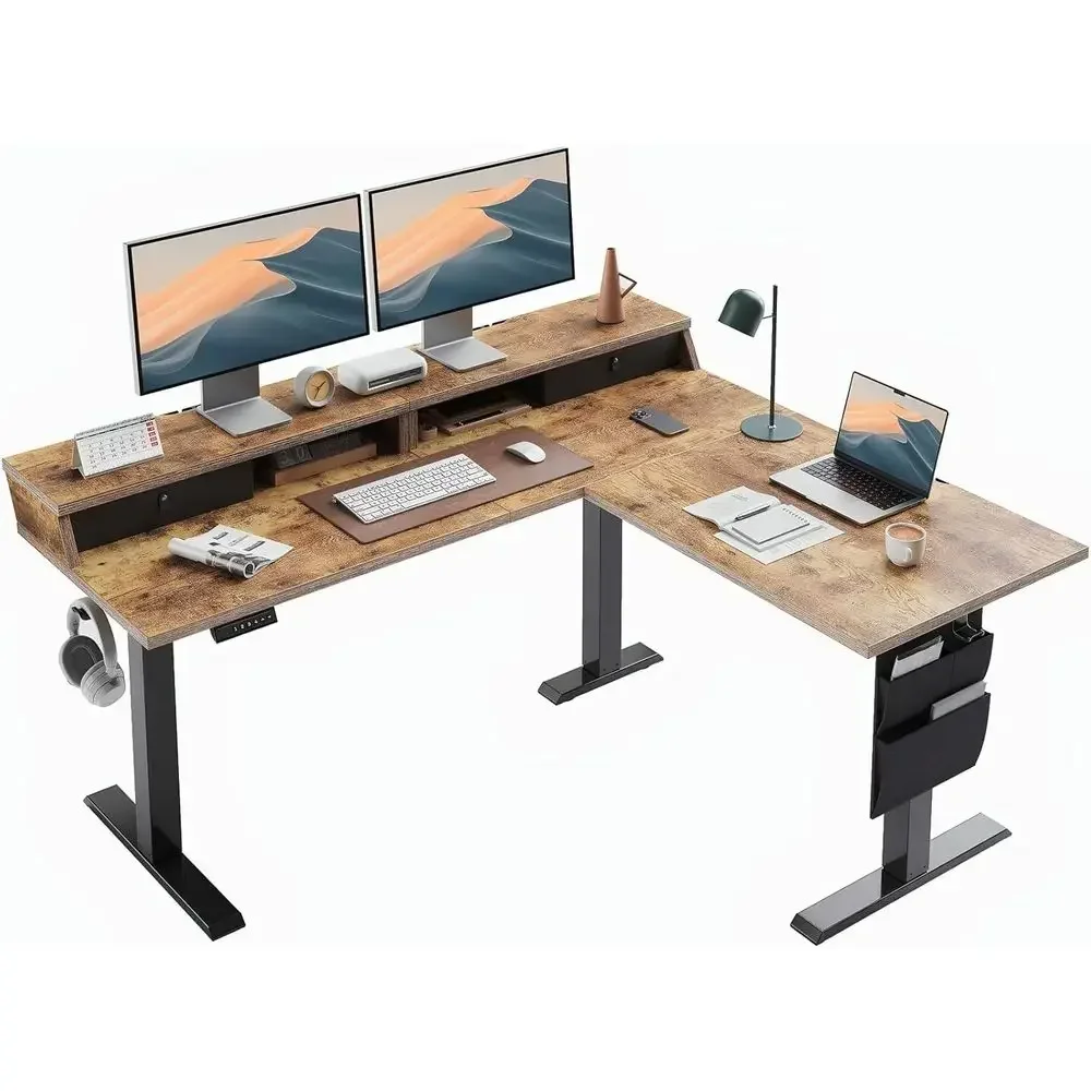 Home Office L Shaped Desk - Vintage Brown L-Shaped Electric Standing Desk,